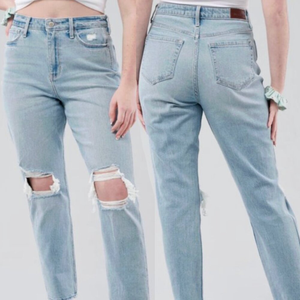 HOLLISTER Ultra High Rise Ripped Light Wash Mom Jeans Cropped JUNIORS 5 W27 L27